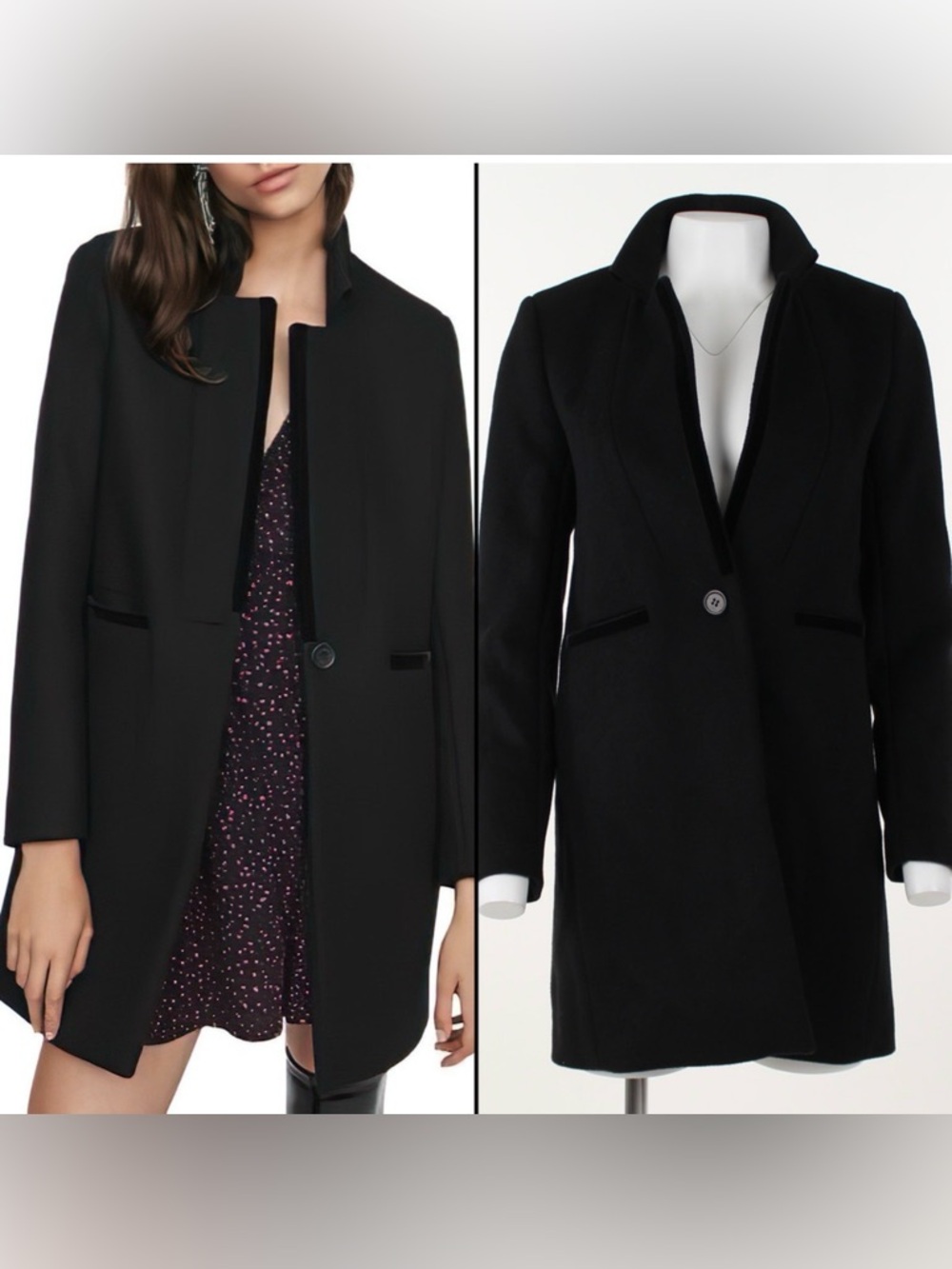 Maje Galar Wool-Blend Velvet Trim Coat